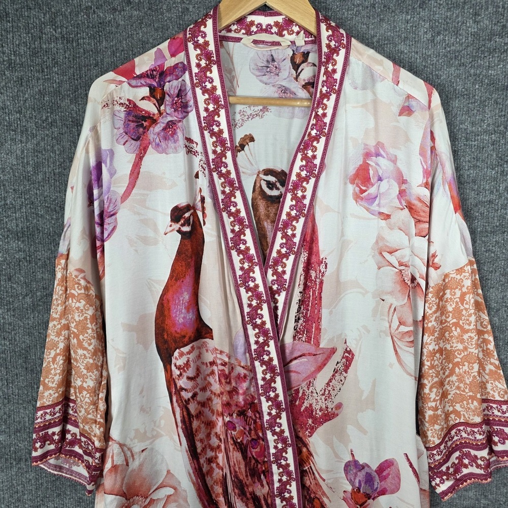SOMA Silk Blend Kimono Robe Peacock Luxury Lounge Duster Maxi Floral Ivory Red - Picture 5 of 12